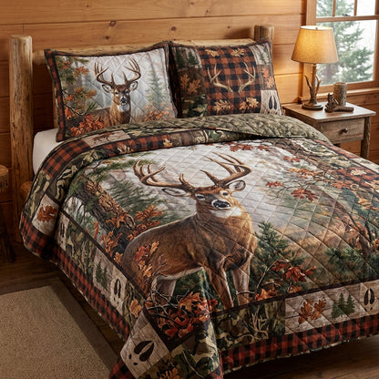 Rustic Whitetail Deer Plaid Quilted Bedding Set
