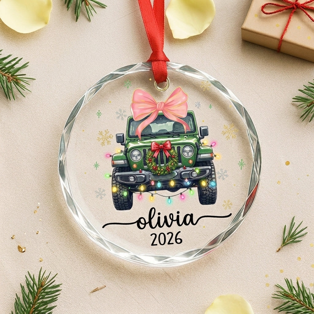 Jeep Snowy Adventure Personalized Glass Ornament