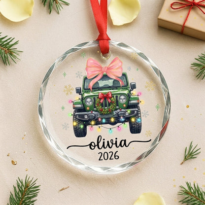 Jeep Snowy Adventure Personalized Glass Ornament