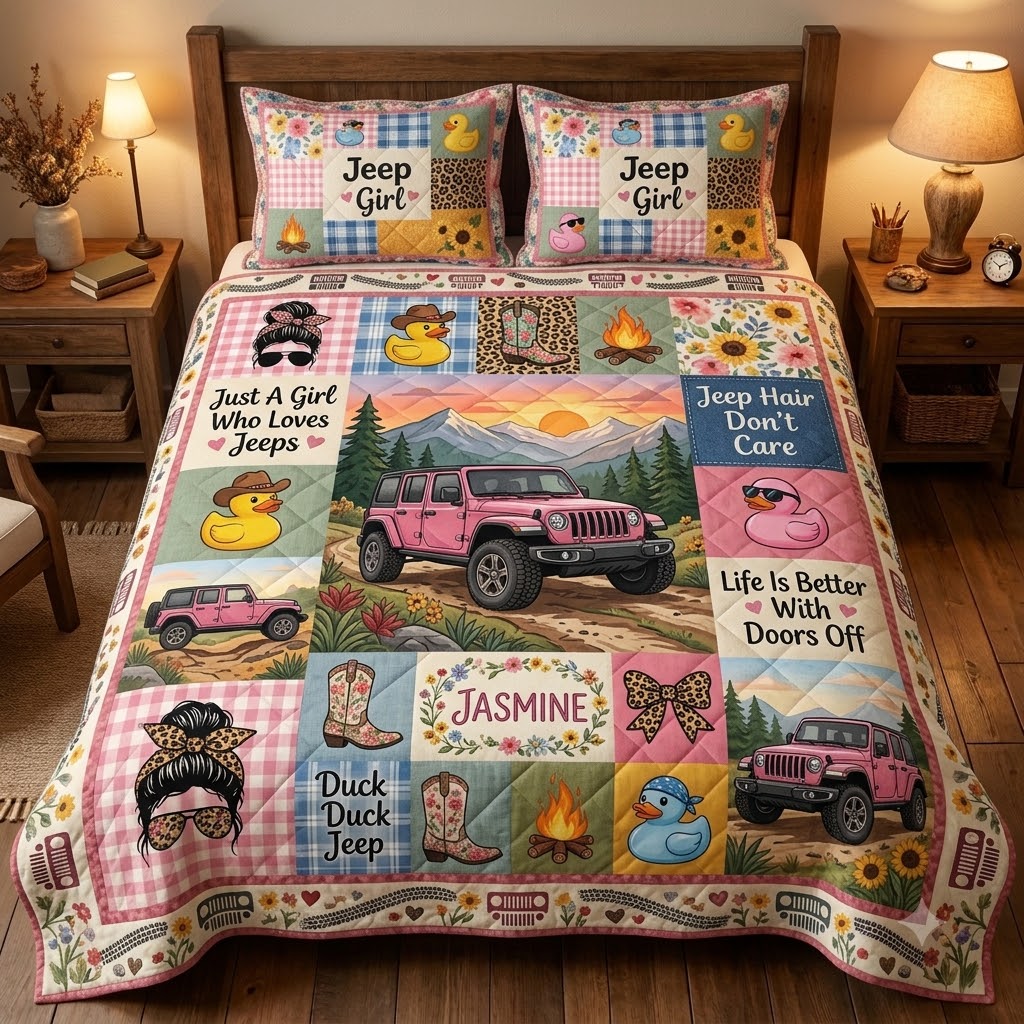 Jeep Girl Pink Jeep Personalized Quilt Bedding Set