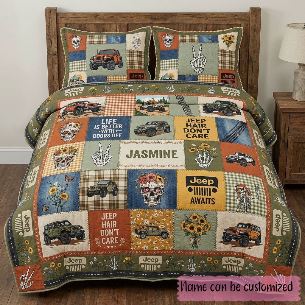 Jeep Skeleton Personalized Quilted Bedding Set