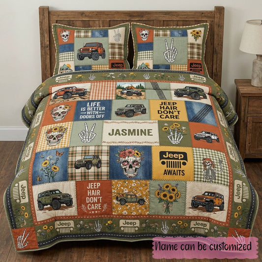 Jeep Skeleton Personalized Quilted Bedding Set
