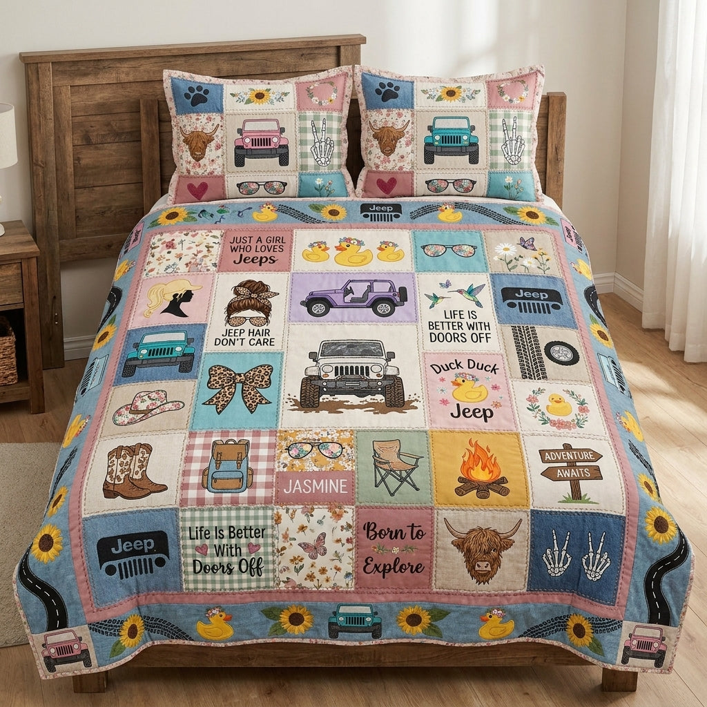 Highland Jeep Personalized Quilted Bedding Set