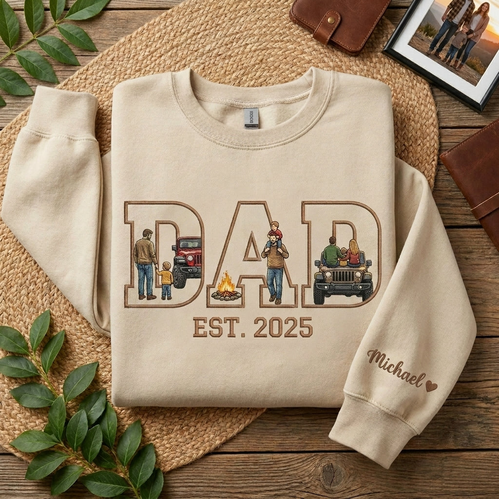 Personalized Dad with Photo Letters, Custom Sleeve Name Heart Embroidery, Faceless Portrait Sweatshirt