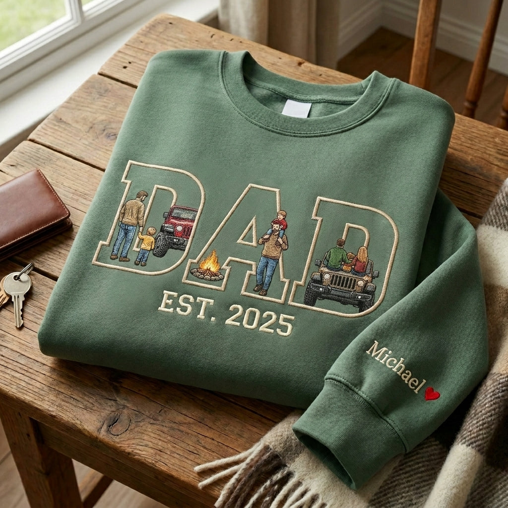 Personalized Dad with Photo Letters, Custom Sleeve Name Heart Embroidery, Faceless Portrait Sweatshirt