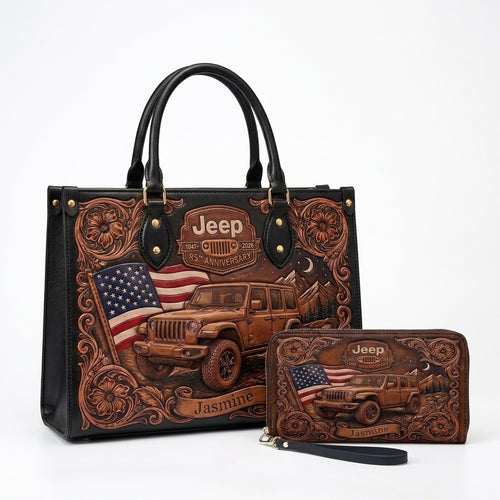 Jeep 85th Anniversary US Flag Personalized Leather Bag + Free Wallet