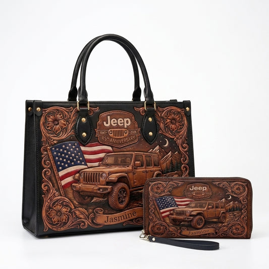 Jeep 85th Anniversary US Flag Personalized Leather Bag + Free Wallet