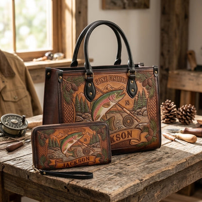 Gone Fishing Trout Leather Bag + Free Wallet