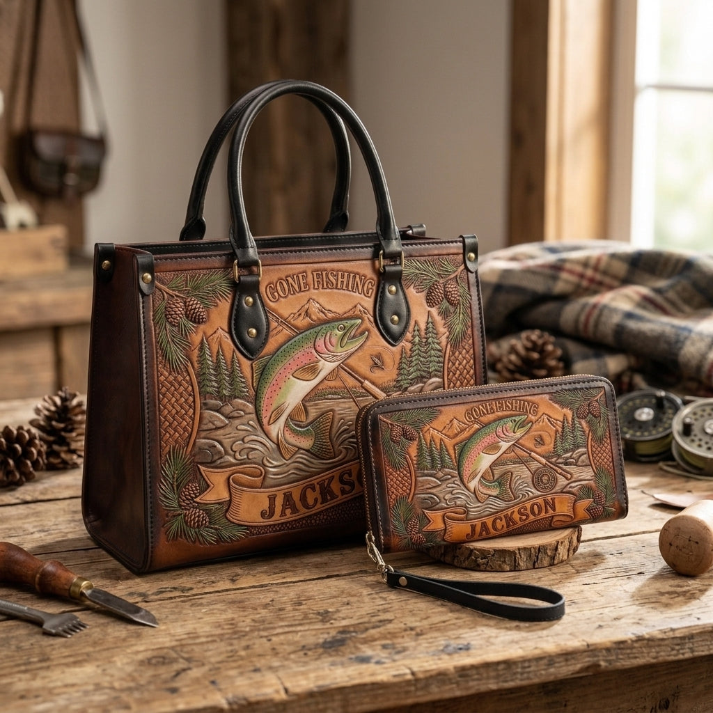 Gone Fishing Trout Leather Bag + Free Wallet
