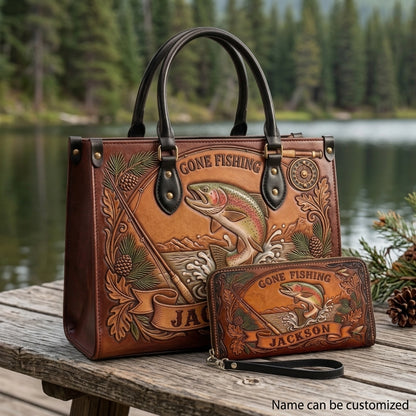 Gone Fishing River Trout Leather Bag + Free Wallet