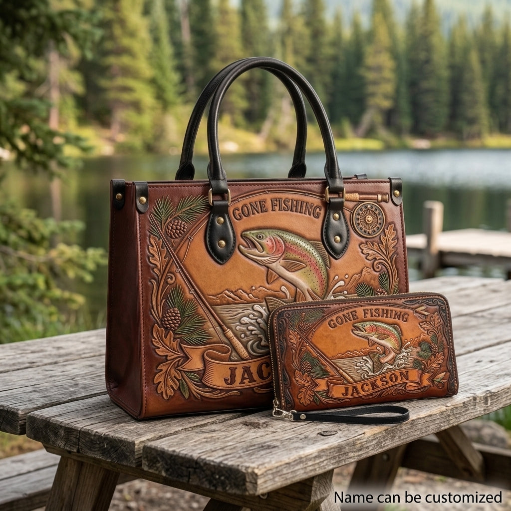 Gone Fishing River Trout Leather Bag + Free Wallet