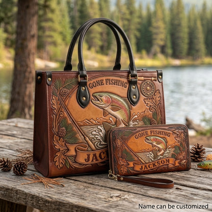 Gone Fishing River Trout Leather Bag + Free Wallet
