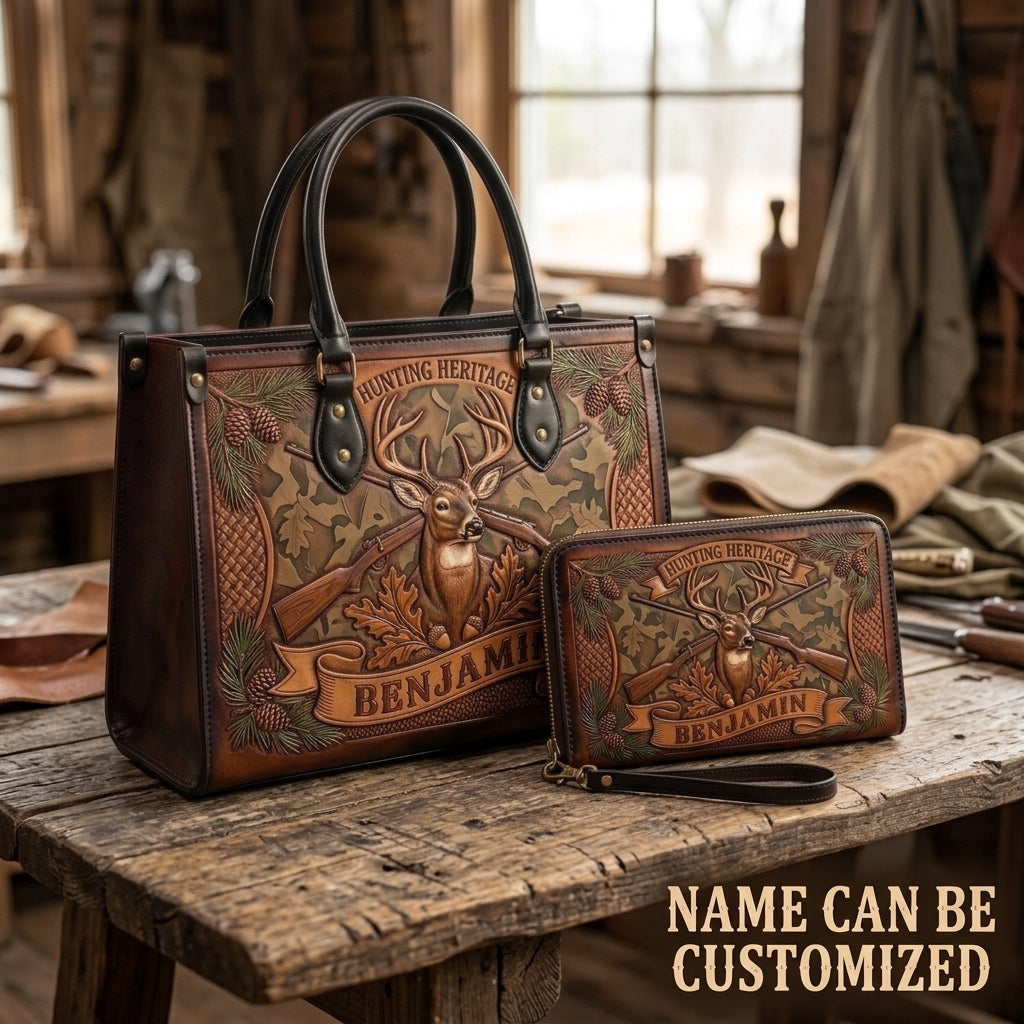 Hunting Heritage Camo Deer Leather Bag + Free Wallet