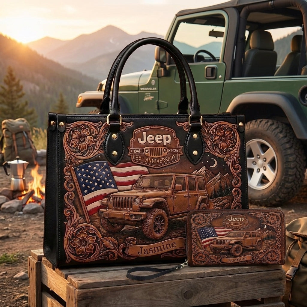 Jeep 85th Anniversary US Flag Personalized Leather Bag + Free Wallet