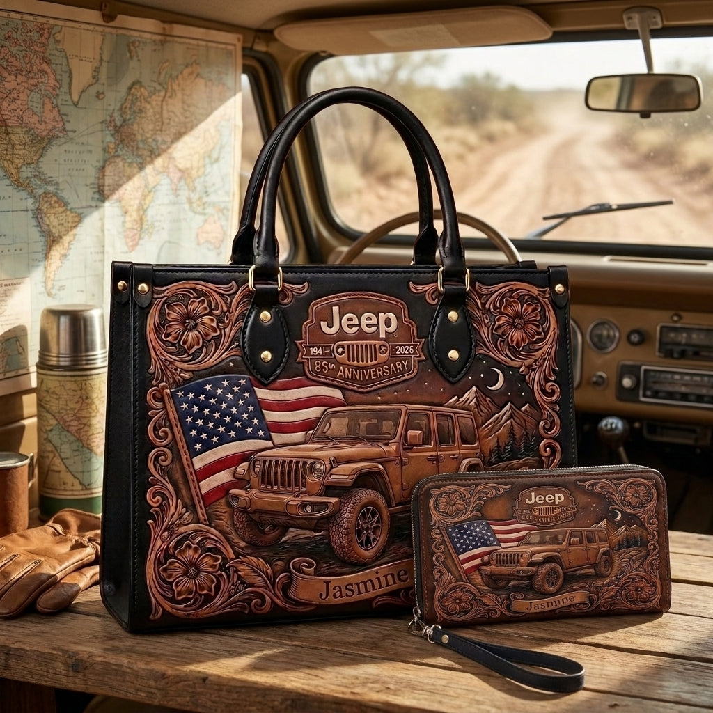 Jeep 85th Anniversary US Flag Personalized Leather Bag + Free Wallet