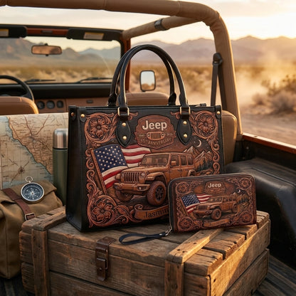 Jeep 85th Anniversary US Flag Personalized Leather Bag + Free Wallet