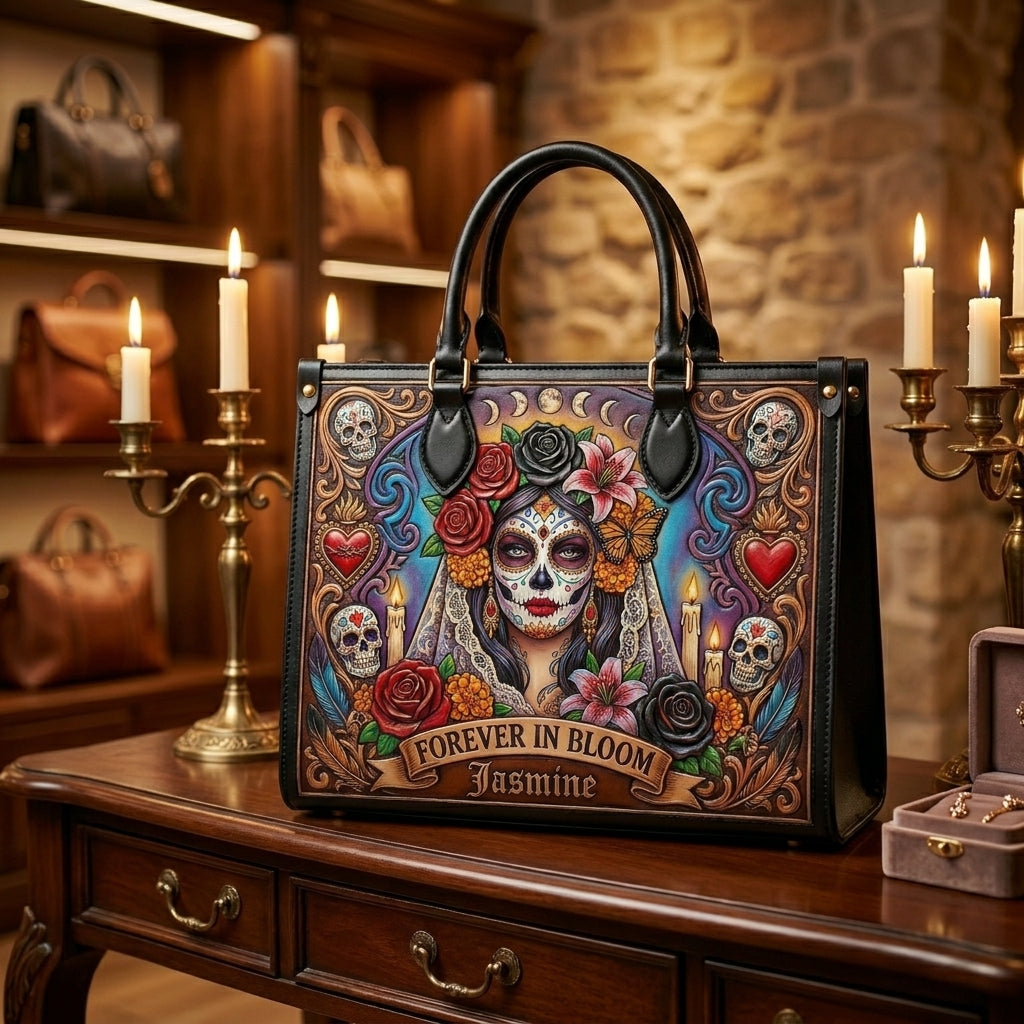 Forever In Bloom Rose Skull Lady Personalized Leather Bag + Free Wallet