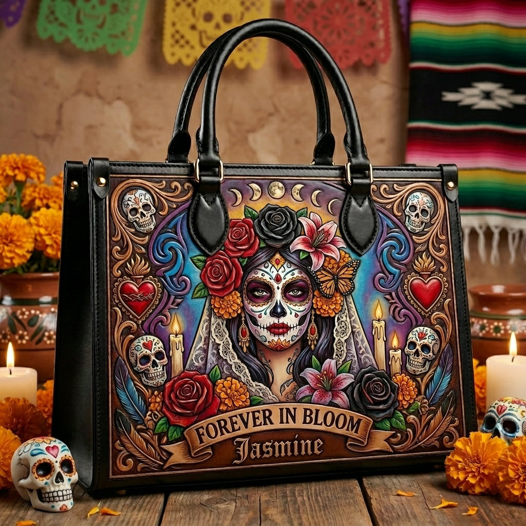 Forever In Bloom Rose Skull Lady Personalized Leather Bag + Free Wallet