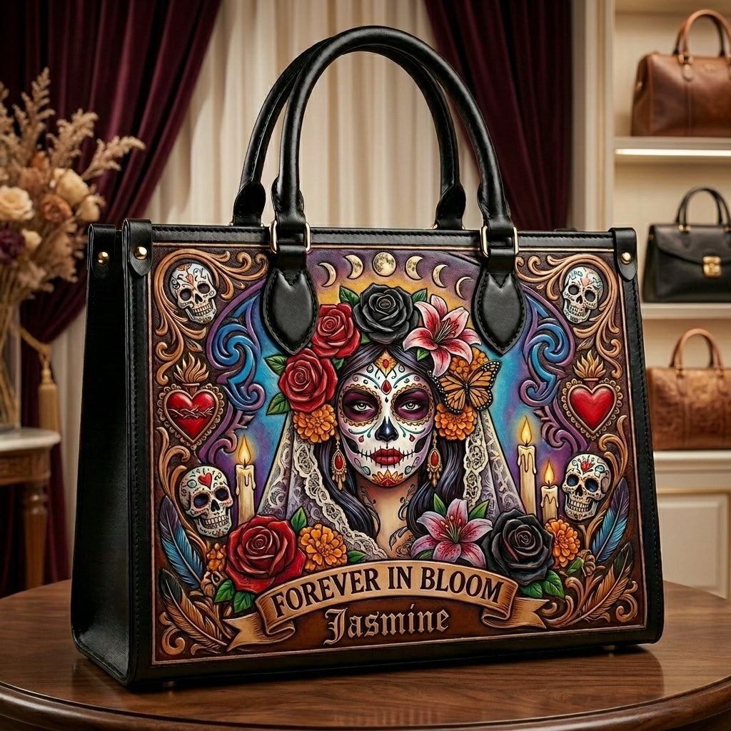 Forever In Bloom Rose Skull Lady Personalized Leather Bag + Free Wallet