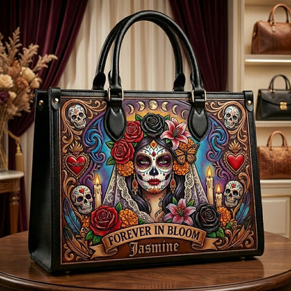Forever In Bloom Rose Skull Lady Personalized Leather Bag + Free Wallet