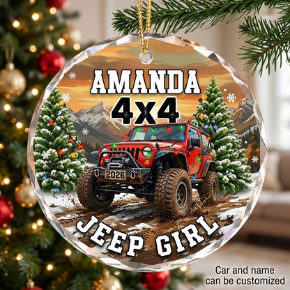 Jeep Girl 4x4 Personalized Christmas Glass Ornament