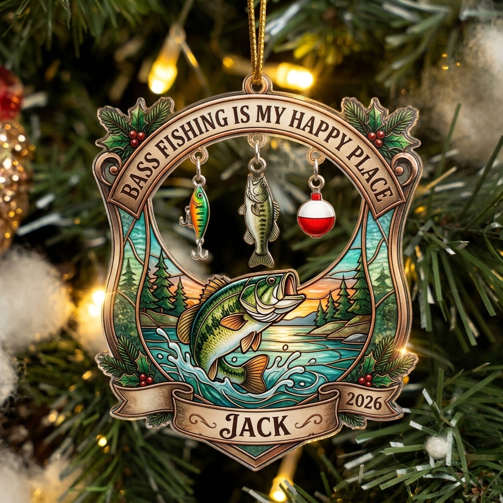 Bass Fishing Is My Happy Place Personalized Christmas Ornament
