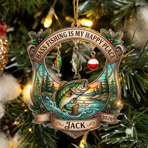Bass Fishing Is My Happy Place Personalized Christmas Ornament
