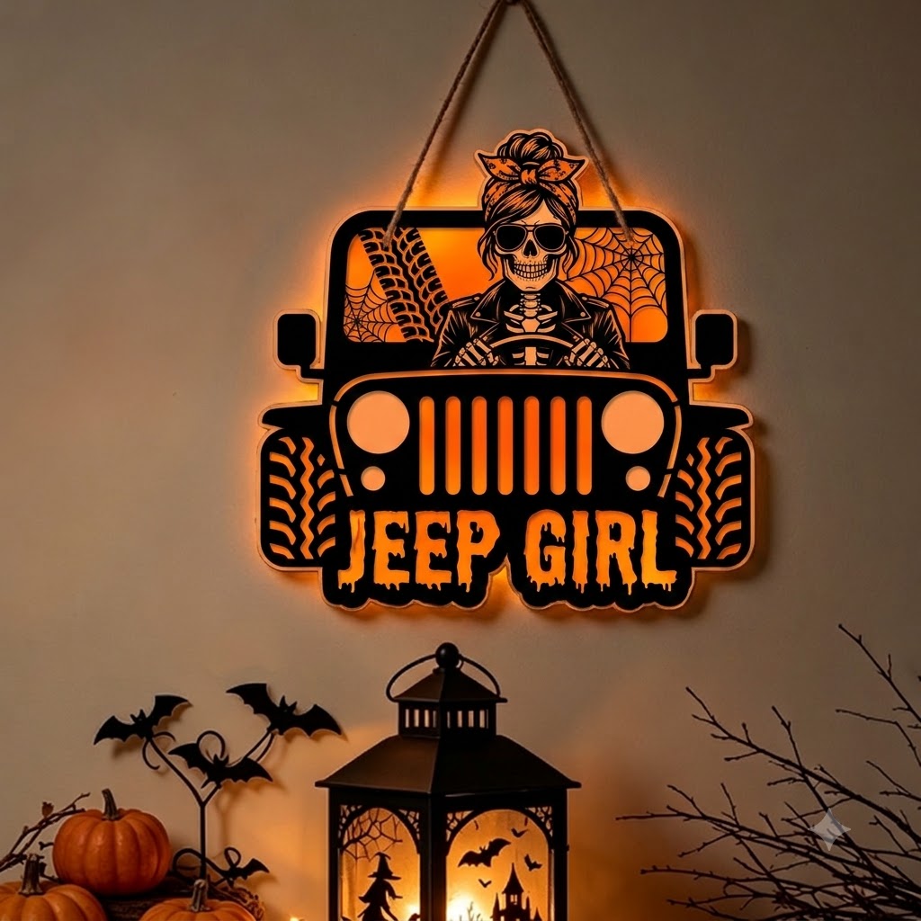 Jeep Skull Girl Luminous Wooden Sign