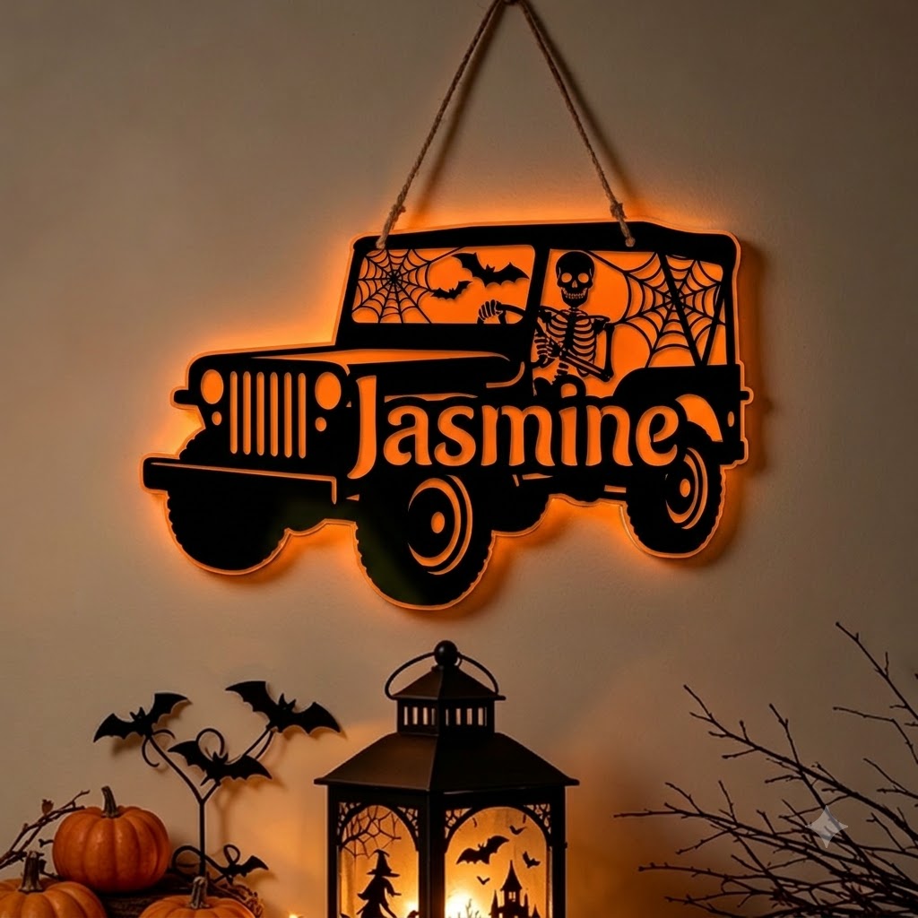 Jeep Skeleton Personalized Luminous Wooden Sign