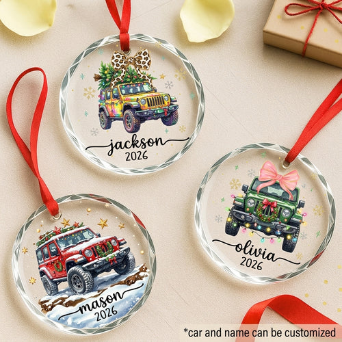 Jeep Snowy Adventure Personalized Glass Ornament