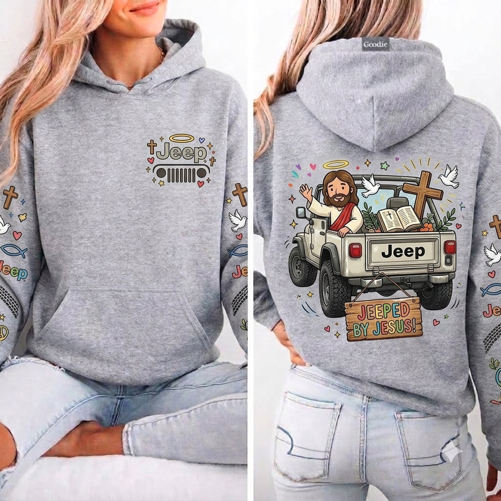 Jeeped by Jesus Hoodie, Christian Jeep Lover Pullover, Faith Inspired Off Road Sweatshirt