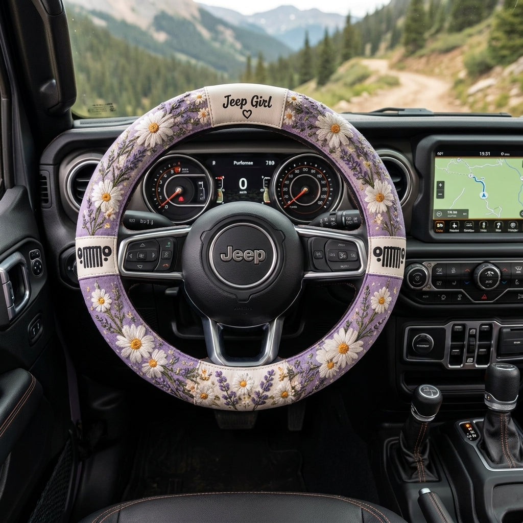 Jeep Girl Daisy & Lavender Floral Steering Wheel Cover