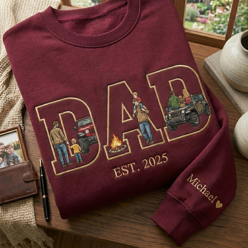Personalized Dad with Photo Letters, Custom Sleeve Name Heart Embroidery, Faceless Portrait Sweatshirt