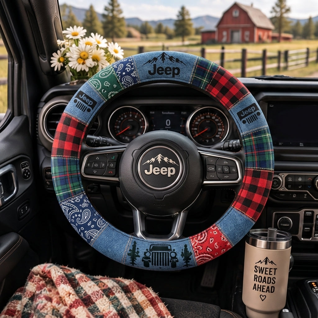 Rustic Plaid, Denim & Outdoor Adventure Design Steering Wheel Cover