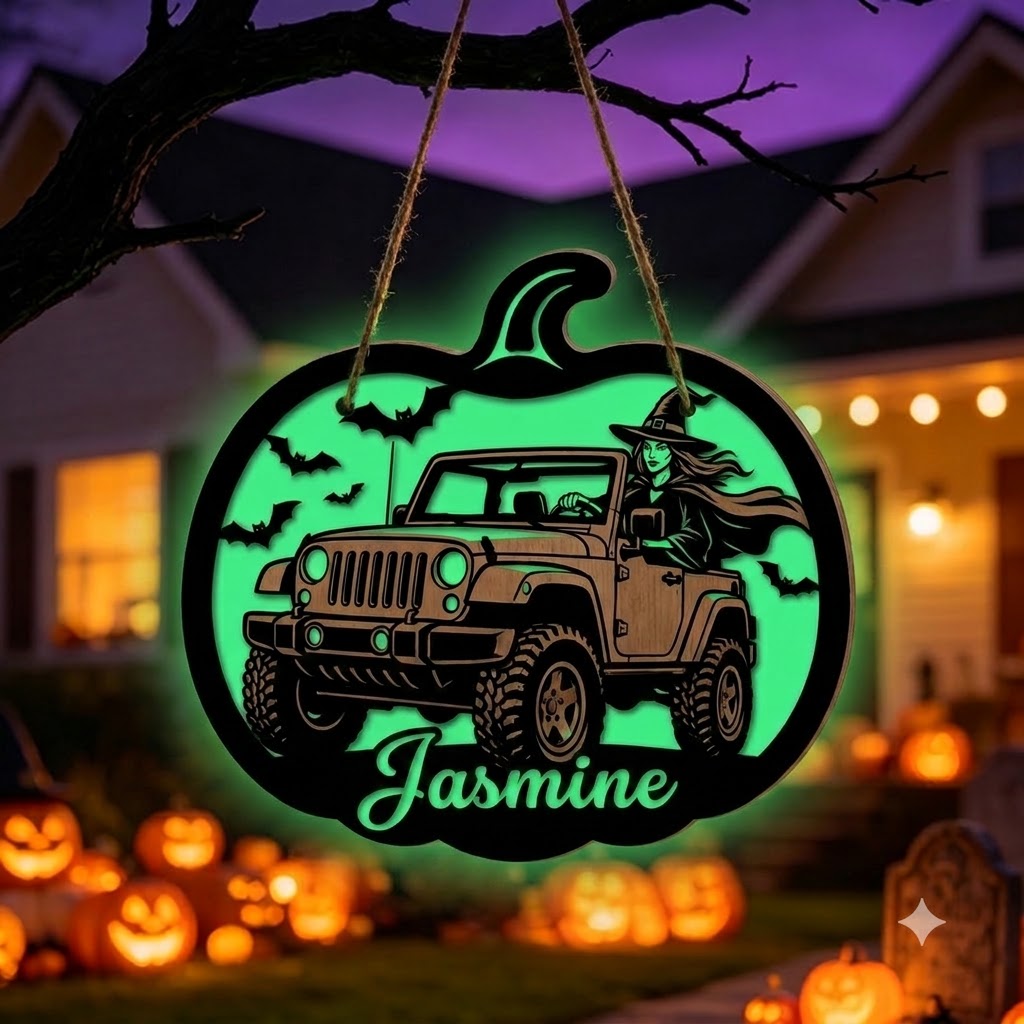 Jeep Witch Personalized Luminous Wooden Sign