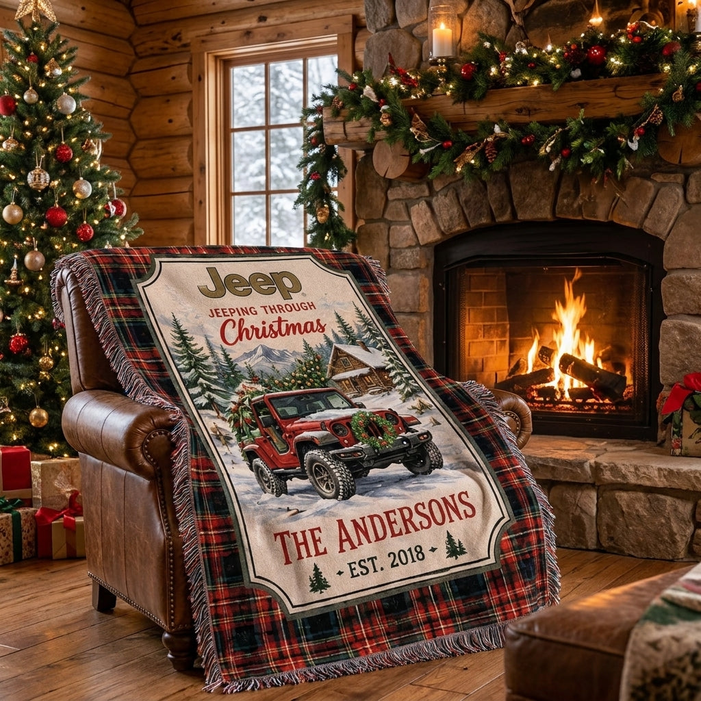 Jeeping Through Xmas Woven Blanket