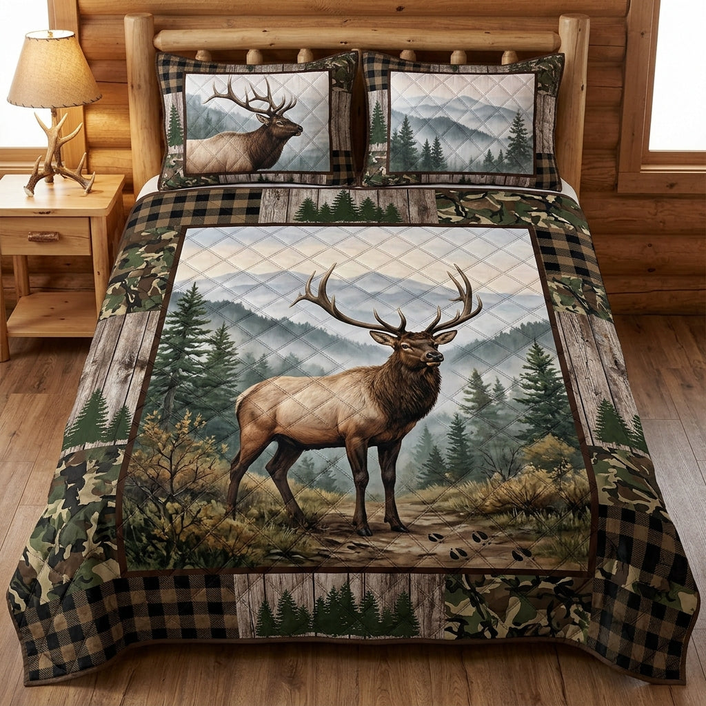 Majestic Elk Mountain Forest Quilted Bedding Set