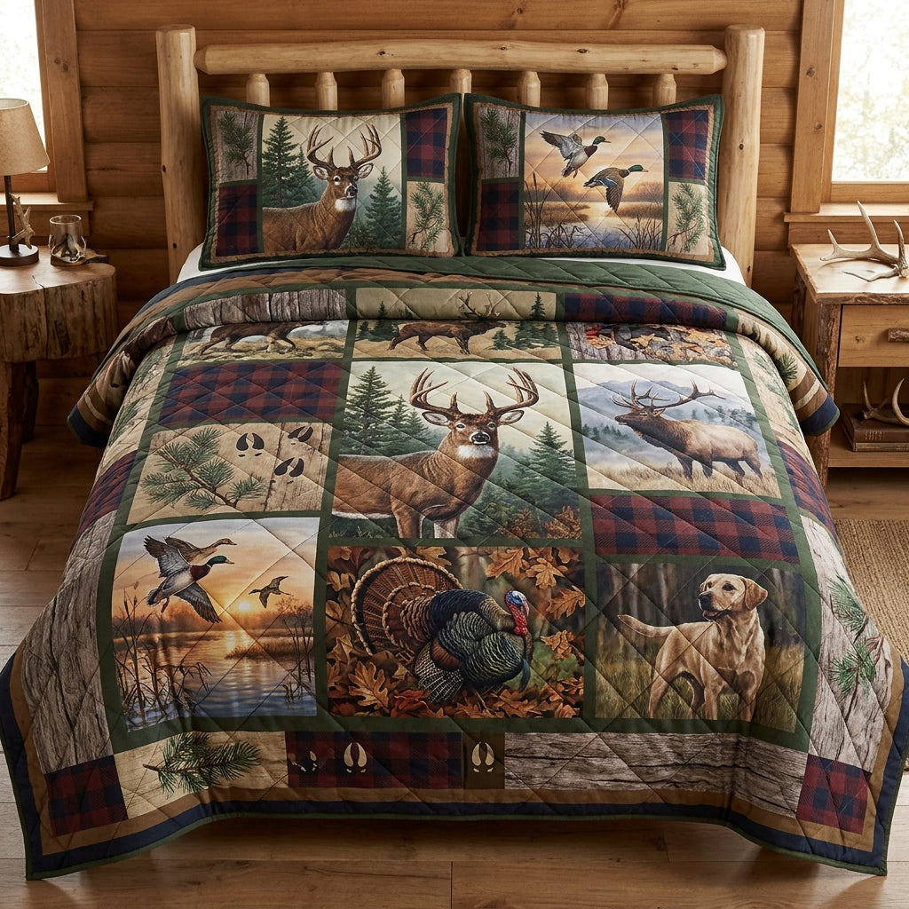 Hunting Wildlife & Forest Camo Quilted Bedding Set