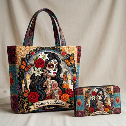 Forever In Bloom Rose Skull Lady Personalized Quilted Tote Bag & Free-Motion Embroidery Wallet Set