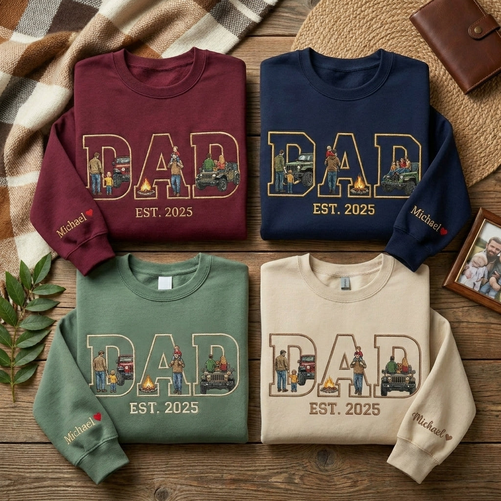 Personalized Dad with Photo Letters, Custom Sleeve Name Heart Embroidery, Faceless Portrait Sweatshirt