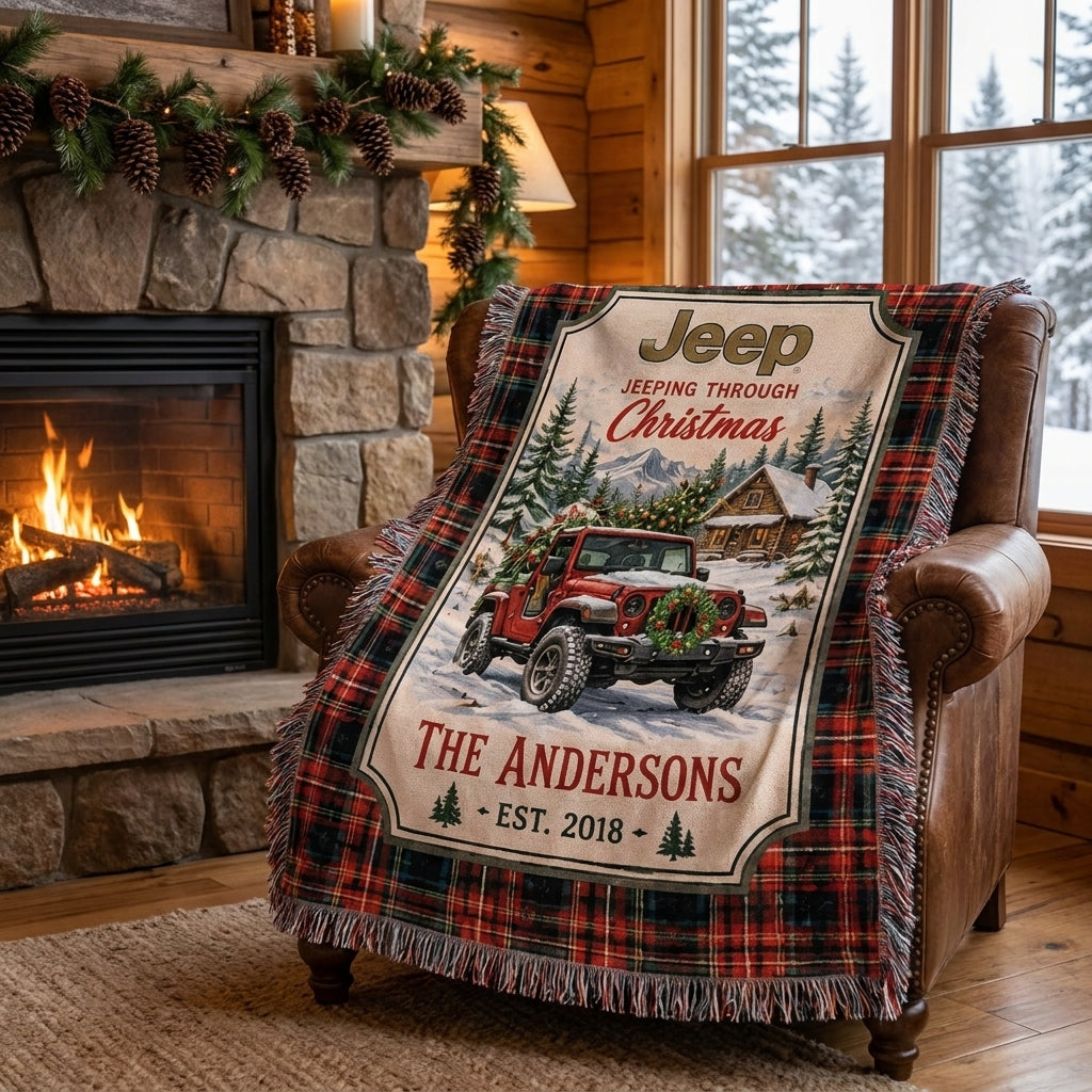 Jeeping Through Xmas Woven Blanket