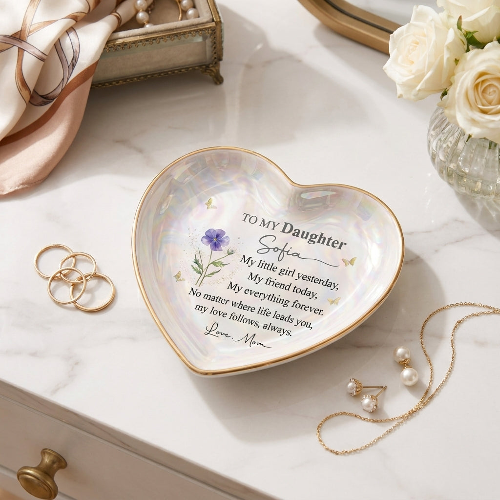 To My Daughter Personalized Heart Shaped Ceramic Ring Dish