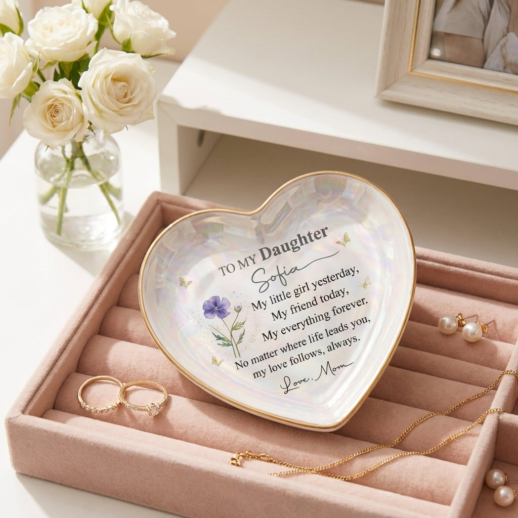 To My Daughter Personalized Heart Shaped Ceramic Ring Dish