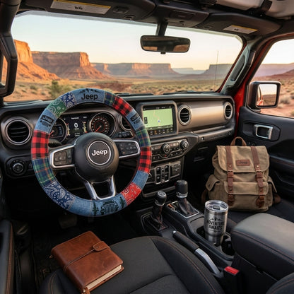 Rustic Plaid, Denim & Outdoor Adventure Design Steering Wheel Cover