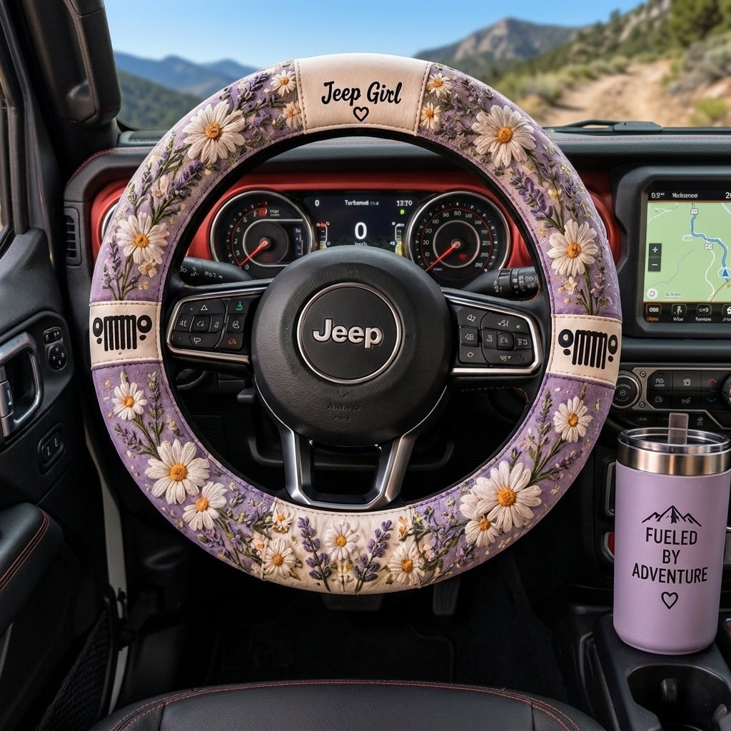 Jeep Girl Daisy & Lavender Floral Steering Wheel Cover