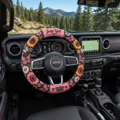 Jeep Girl Sunflower Pink Vibe Steering Wheel Cover