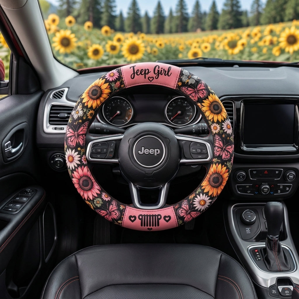 Jeep Girl Sunflower Pink Vibe Steering Wheel Cover