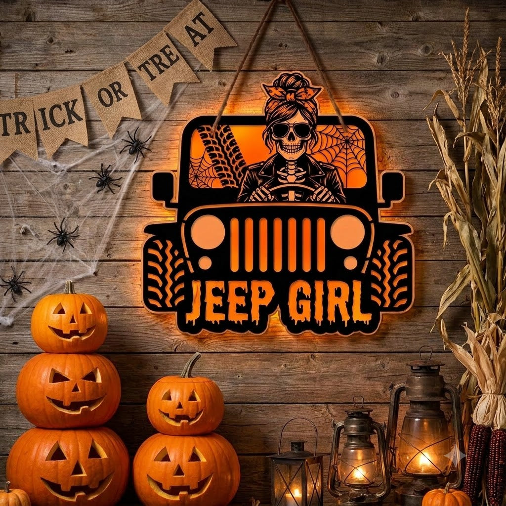 Jeep Skull Girl Luminous Wooden Sign