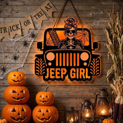 Jeep Skull Girl Luminous Wooden Sign