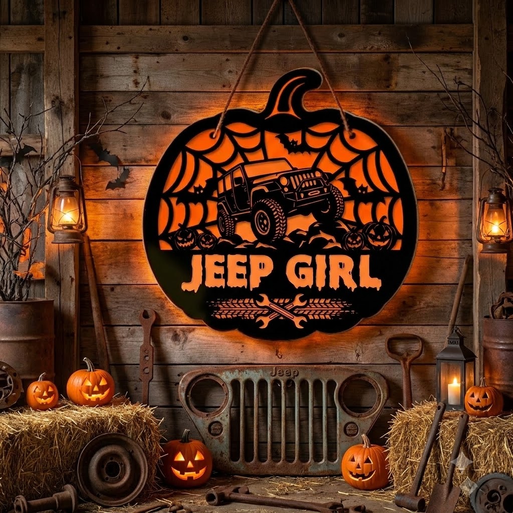 Jeep Girl Pumpkin Luminous Wooden Sign